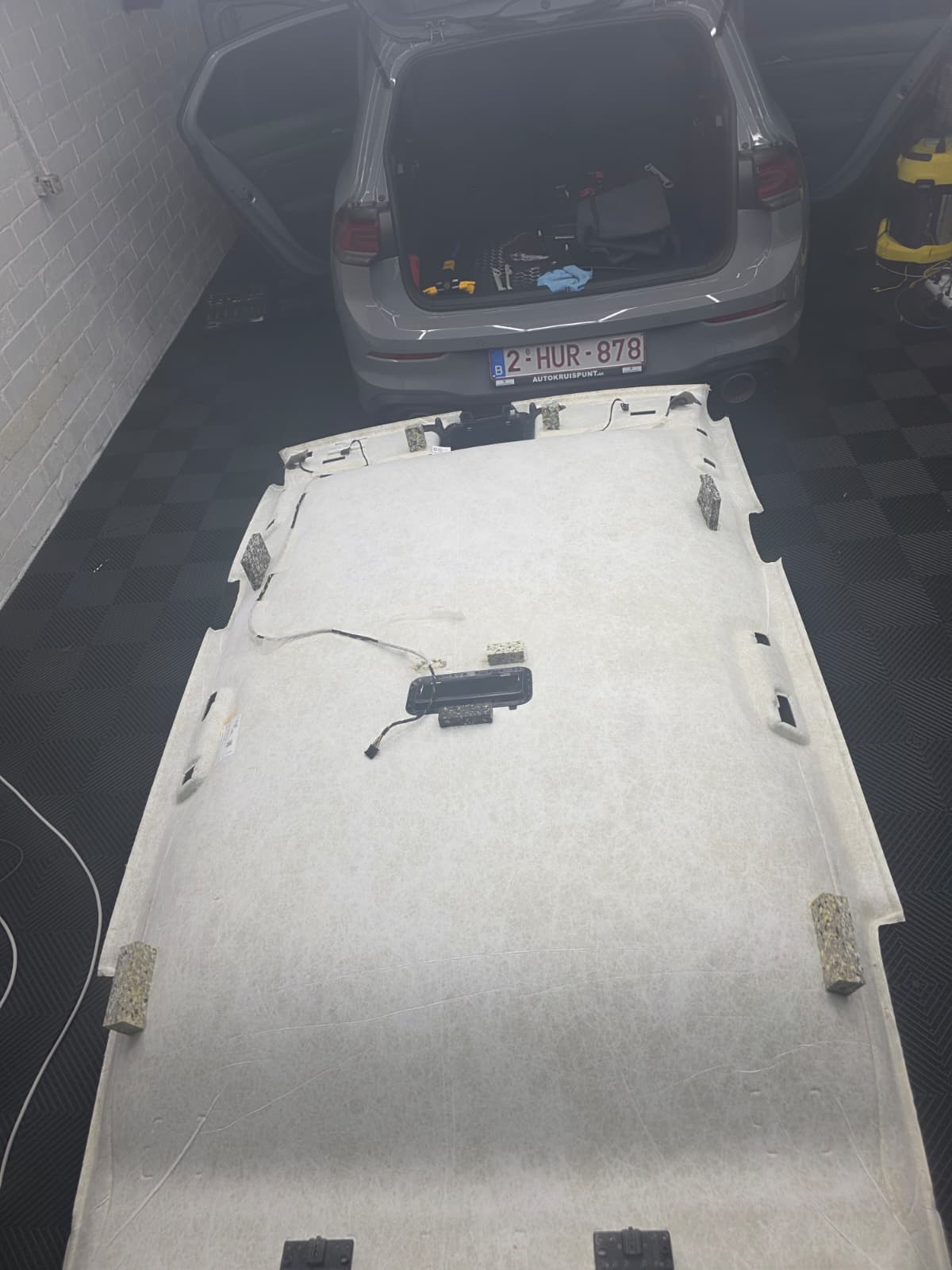 Starlight headliner install progress on the Golf GTI MK8